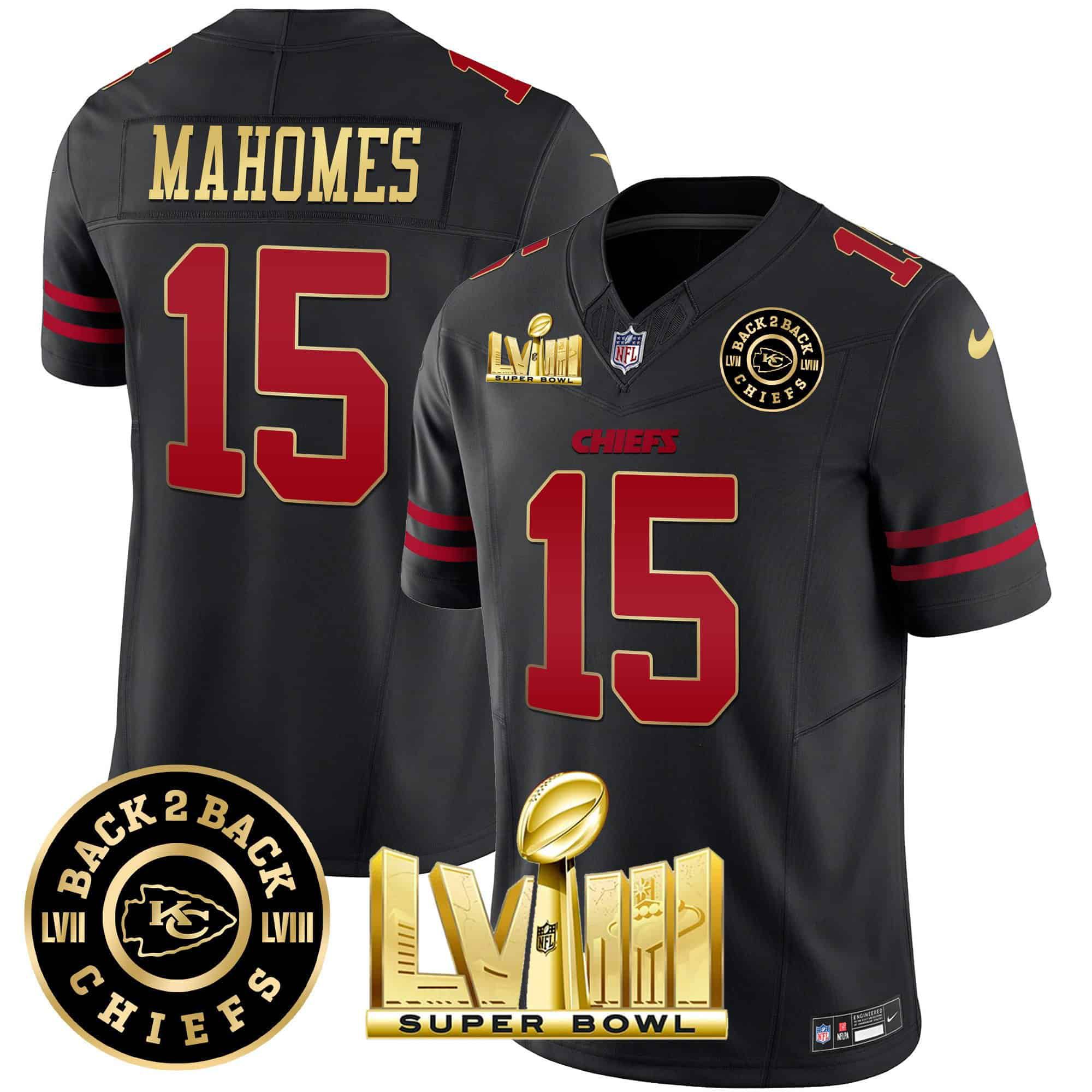 Men Kansas City Chiefs 15 Mahomes Black 2024 Nike Super Bowl LVIII & Back 2 Back Patch Vapor NFL Jersey style 1